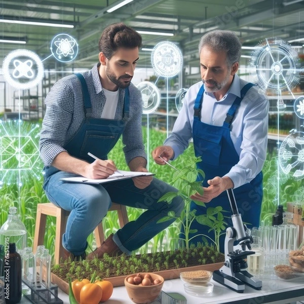 Obraz Collaboration of Farmer and Scientist in Illustration