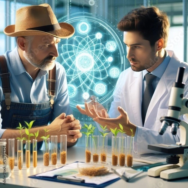 Obraz Collaboration of Farmer and Scientist in Illustration