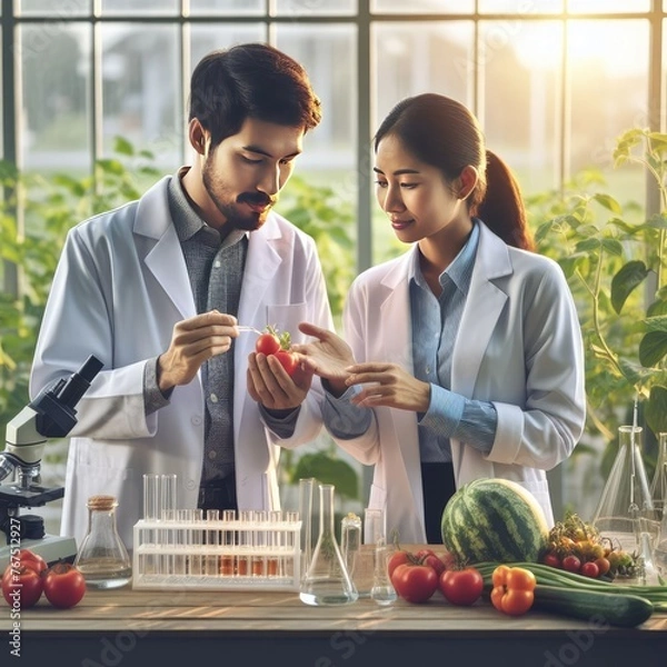 Obraz Collaboration of Farmer and Scientist in Illustration