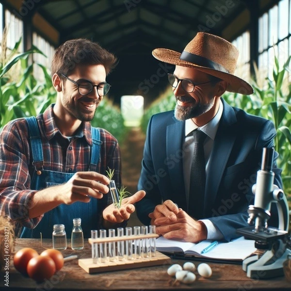 Obraz Collaboration of Farmer and Scientist in Illustration