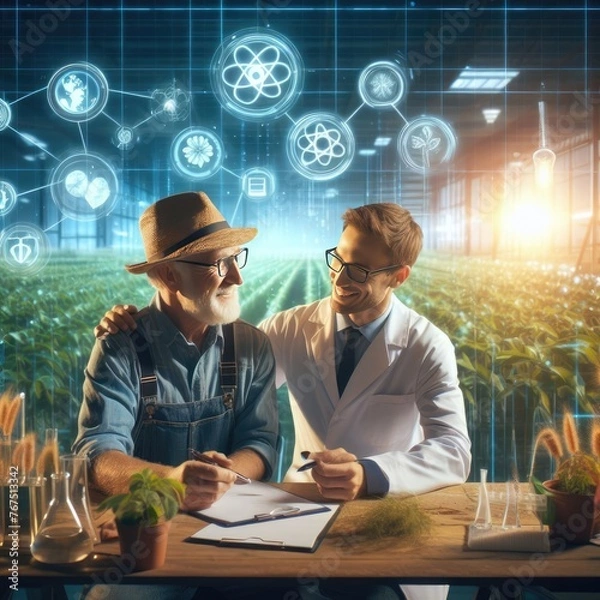 Obraz Collaboration of Farmer and Scientist in Illustration