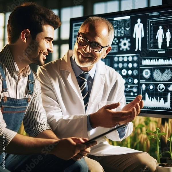 Obraz Collaboration of Farmer and Scientist in Illustration