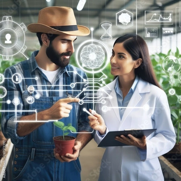 Obraz Collaboration of Farmer and Scientist in Illustration