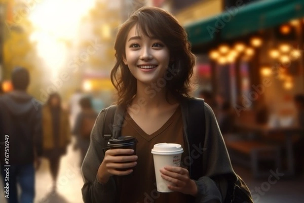 Fototapeta Pretty young Asian woman in business casual attire holds a glass of takeaway coffee in her hand at the outdoor field with happiness. Generative AI.