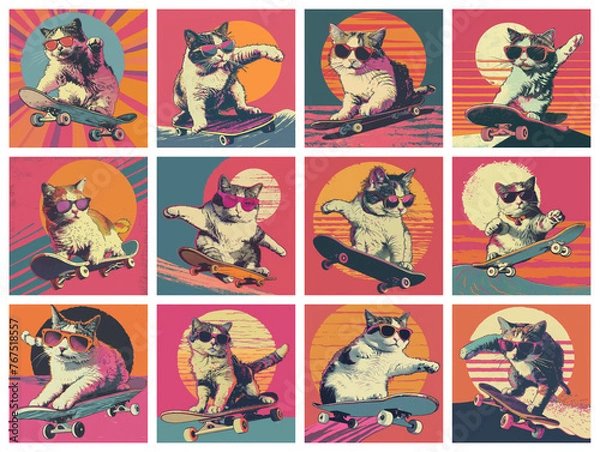 Obraz Cool Felines Riding Skateboards in Sunglasses