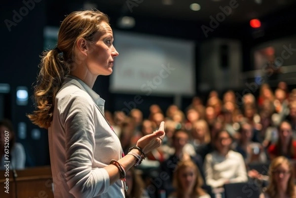 Fototapeta Female speaker presenting at a conference in front of an audience