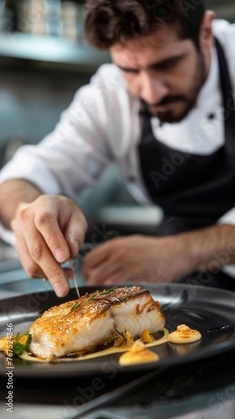 Fototapeta Exclusive culinary experience focusing on the refined preparation of a flounder delicacy by a professional chef