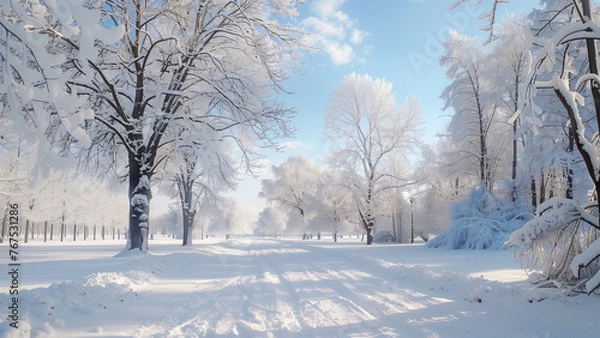 Fototapeta Beautiful winter landscape with trees covered with hoarfrost and snow