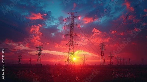 Fototapeta Silhouette of High voltage electric tower on sunset time background