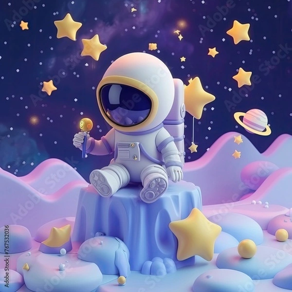 Obraz Cartoon space adventure in soft pastels, playful exploration among the stars ,3D render
