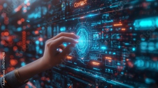 Fototapeta Person Touching Touch Screen With Futuristic Background