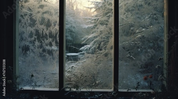 Fototapeta A frosted window with a view of a snowy landscape