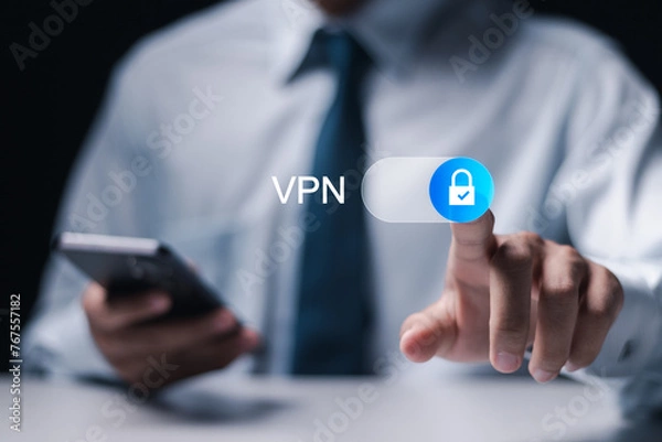 Obraz VPN Virtual private network concept. Internet security, encrypted connection for anonymous internet user. Person use smartphone with VPN connection on virtual screen.
