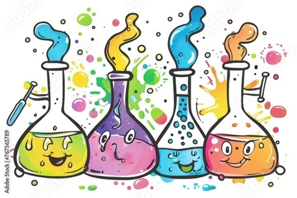 Fototapeta Cartoon cute doodles of colorful chemical reactions bubbling in beakers, sparking curiosity and excitement for science, Generative AI