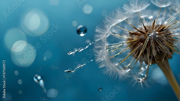 Fototapeta Dandelion Seeds in droplets of water on blue and turquoise beautiful background with soft focus in nature macro. Drops of dew sparkle on dandelion in rays of light