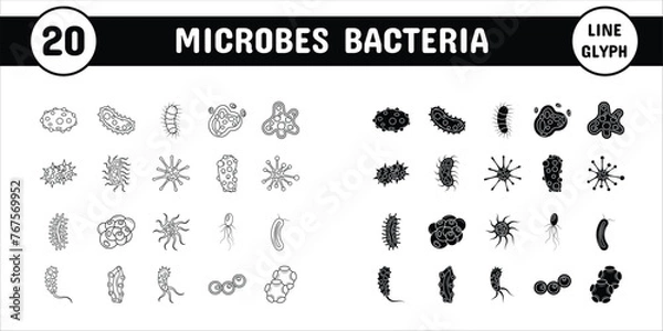 Fototapeta Microbes Bacteria Line Glyph Vector Illustration Icon Sticker Set Design Materials