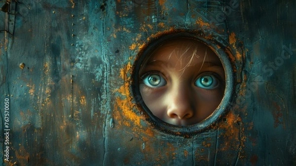 Fototapeta A child peeking through a keyhole discovering a secret world inside a room that changes as soon as they are noticed.