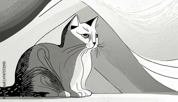 Obraz a white simple abstract background with a cat in the light bottom corner