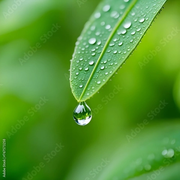 Obraz a drop of dew hanging from the tip of the leaf.