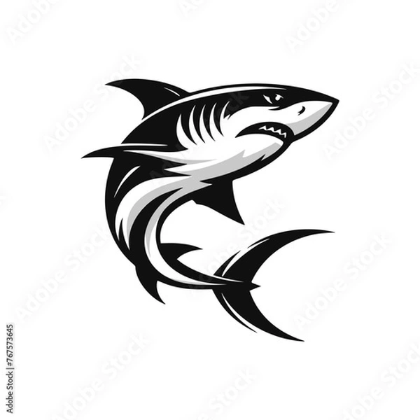 Fototapeta Black and white logo of a swimming shark. vector logo of a predator fish isolated on white background.