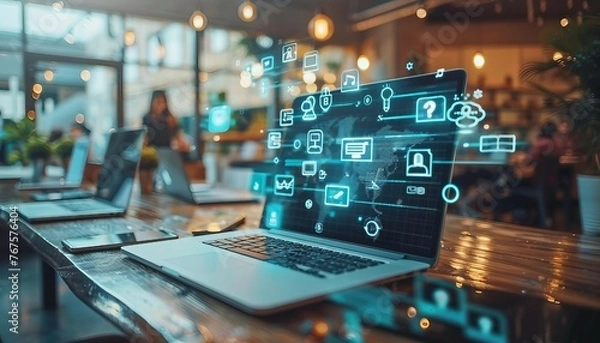 Obraz Unified Endpoint Management, unified endpoint management with an image depicting IT administrators remotely managing and securing endpoints such as laptops, AI
