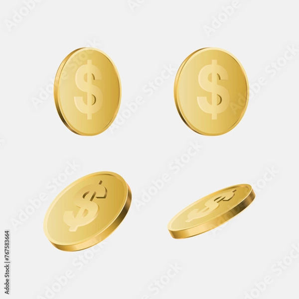 Obraz Set of stacked gold blank metal coins, 3D realistic money, cash, treasure heap. Game assets, payment signs, bank, finance symbols vector illustration isolated on white background