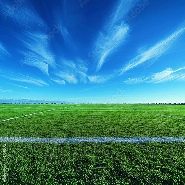 Obraz Soccer Field With Grass and Blue Sky