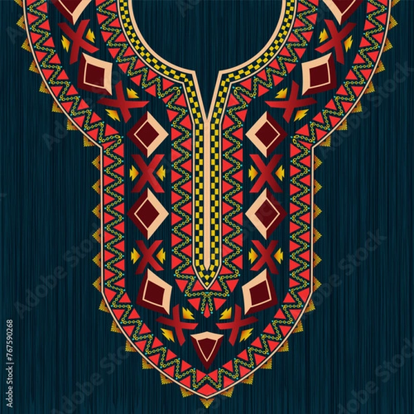 Fototapeta A vibrant neck design with intricate geometric motifs in tribal style. Symmetrical digital pattern for the neckline of Indian kurta, kurti, kaftan dress, and African dashiki shirt.