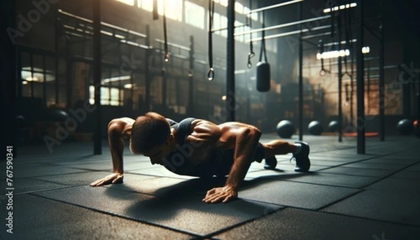 Fototapeta A medium shot of a boxer doing push-ups in the gym, highlighting their strength and conditioning.