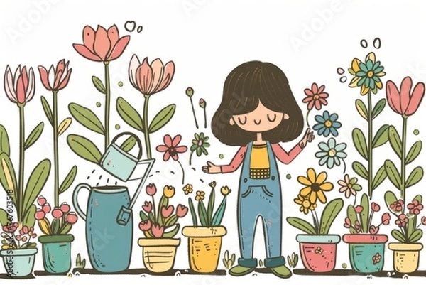 Fototapeta Cartoon cute doodles of a florist watering potted plants and tending to a garden full of blooming flowers, Generative AI