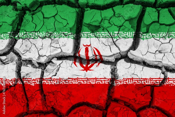 Fototapeta Dry soil pattern on the flag of Iran. Country with drought concept due to climate change. Water problem. Dry cracked earth country.