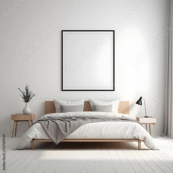 Fototapeta Maqueta de marco en dormitorio. Marco para fotos, arte, ilustraciones. Marco negro vacío. Decoración minimalista
