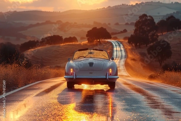 Fototapeta Close-up side view of Car journeying on an open road under the setting sun, the sky warm hues, encapsulating a moment of serene beauty
