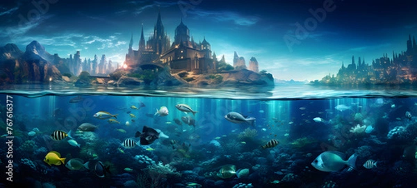 Fototapeta the luxury of the city of Atlantis and its various fish, ai generative