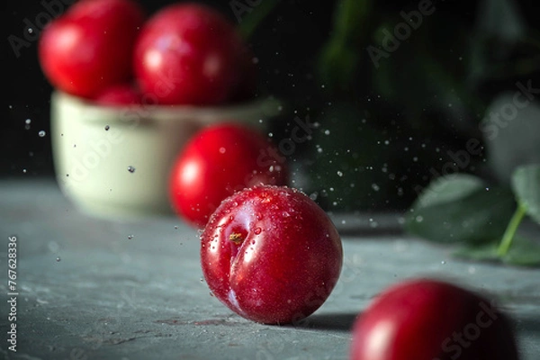 Obraz Free sweet red plums on dark background