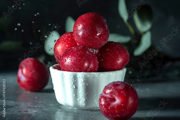 Obraz Free sweet red plums on dark background