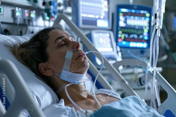 Fototapeta middle aged woman lies in a coma in a hospital ward, connected to life support equipment, monitors. Generative AI