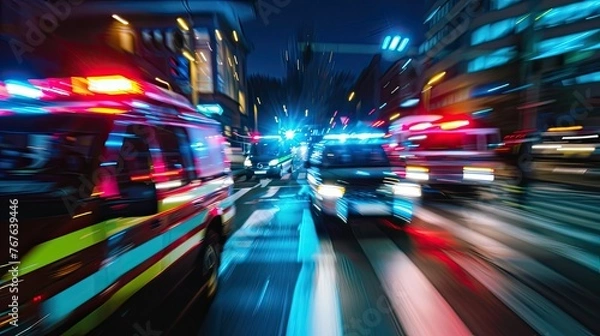 Obraz A blurred motion shot of emergency vehicles rushing to an accident scene at night, emphasizing urgency,