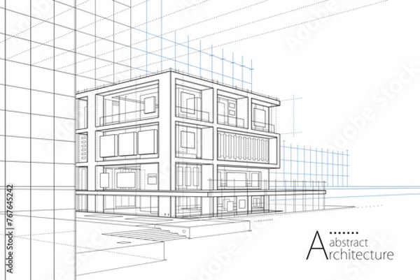 Obraz Ilustracja 3D abstrakcyjny zarys budynku, rysunek wyobraźni, architektura budynku, projekt konstrukcji.