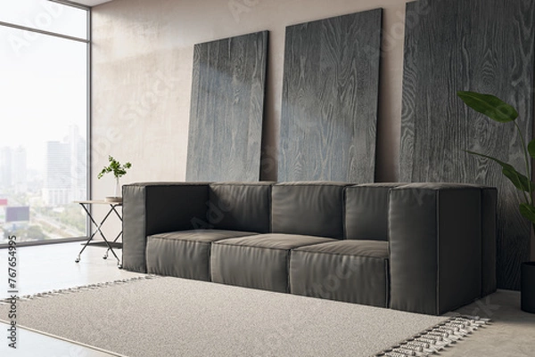 Fototapeta Side view of modern living room interior with sofa, window with city view, coffee table and decorative wooden planks leaning on wall. 3D Rendering.
