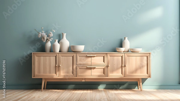 Fototapeta Wooden Cafeteria Design 3D Modern Room Interior with Buffet Table and Vase Concept