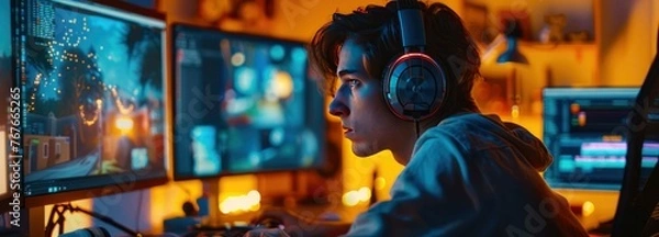 Fototapeta Portrait of young man in headphones playing video games at home