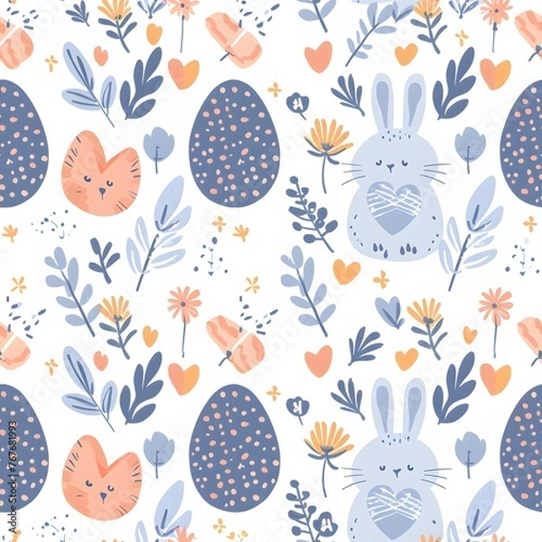 Fototapeta seamless pattern of cute pastel easter elements, eggs and bunnies, white background