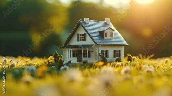 Obraz A small white house is sitting in a field of yellow grass. The house is surrounded by flowers and the sun is shining brightly on it. The scene is peaceful and serene