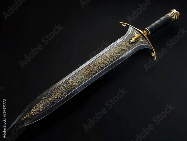 Obraz Exquisite medieval dagger with ornate etchings and gold accents isolated on black.