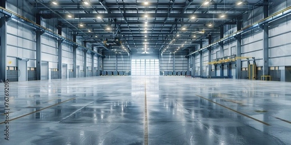 Obraz A large, empty warehouse with a lot of light shining on the floor. The space is very open and empty, with no people or objects visible. Scene is one of emptiness and solitude