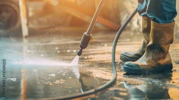 Fototapeta A man is standing in a wet area with a pressure washer. The man is wearing boots and a yellow jacket