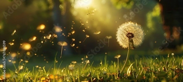Fototapeta A dandelion is blowing in the wind in a field of grass. The scene is peaceful and serene, with the sun shining brightly overhead