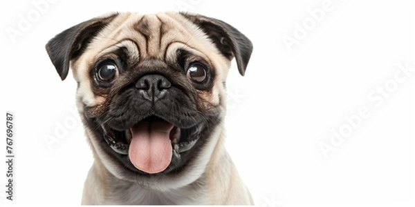 Fototapeta A pug dog is smiling and has its tongue out. The dog is looking at the camera and he is happy