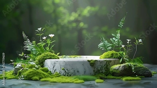 Fototapeta Product display background with plants in the blurred green forest AI generated